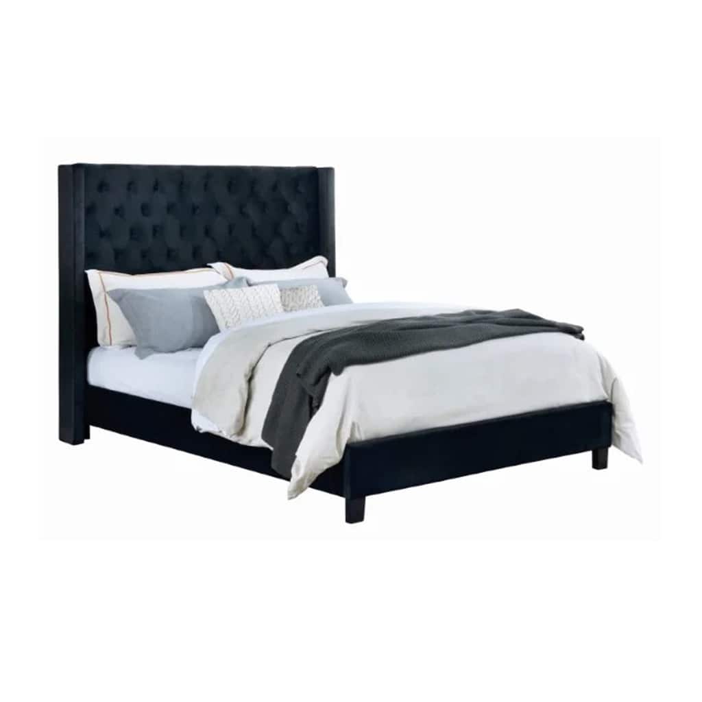 Hiu Queen Size Bed, Wingback Headboard in Black Velvet Like Upholstery