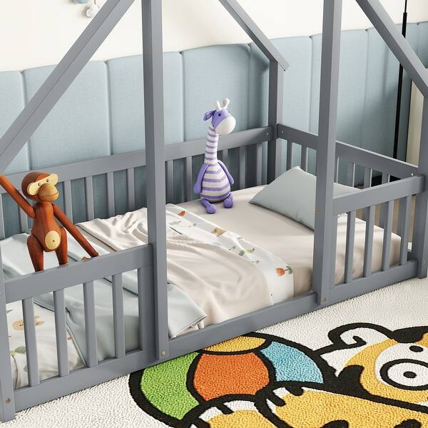 slide 2 of 21, Full Wood House-Shaped Floor Bed With Fence, Guardrails,Grey - Grey
