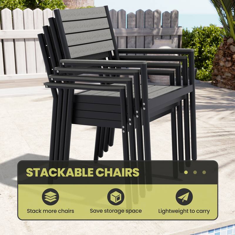 11-Piece Patio Dining Set w/10 ft Umbrella and Base, Rectangle Aluminum Table and 8 Stackable Chairs