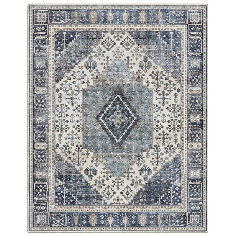 Mcow Faded Floral Vintage Low-Pile Machine Washable Non-Slip Area Rug