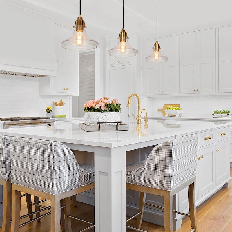 Modern Farmhouse 1-Light Black Gold Cone Shaped Glass Pendant Light for kitchen Island - 8.5" D x 8" H