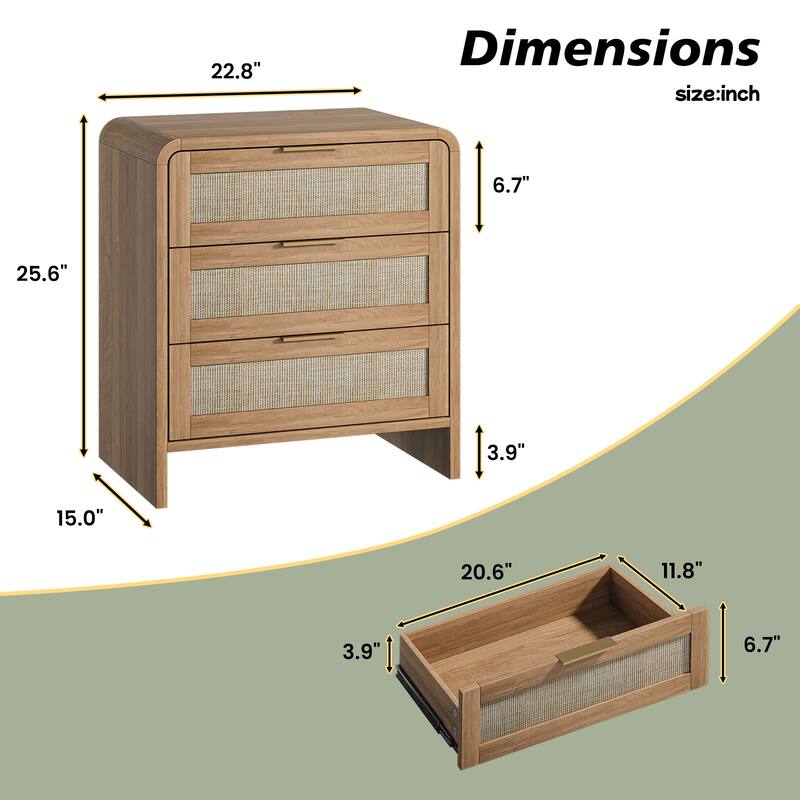Rattan Nightstand with 3 Drawers, 22.8" Wide Curved Wooden Bedside Table, Modern Storage for Bedroom