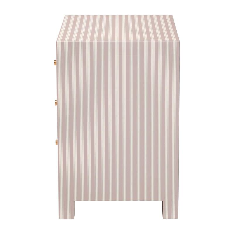 Javianne End Table with Striped Faux Leather - 3-Drawer Storage Cabinet with Gold Knobs