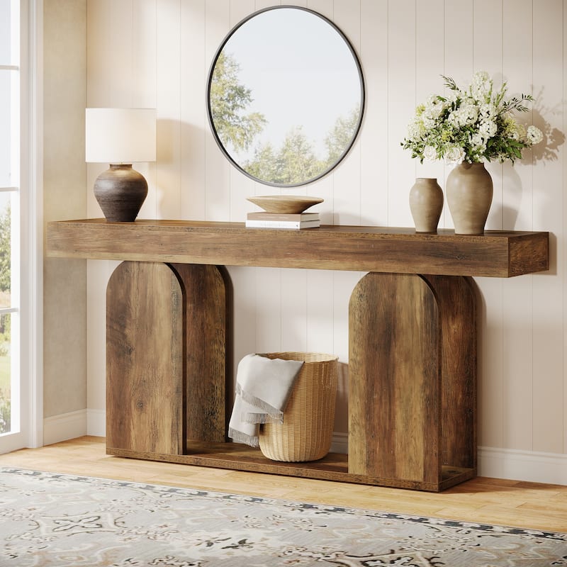 Long Wood Entryway Table, Storage Shelf Sofa Console Table, Living Room Hallway Foyer Behind Couch