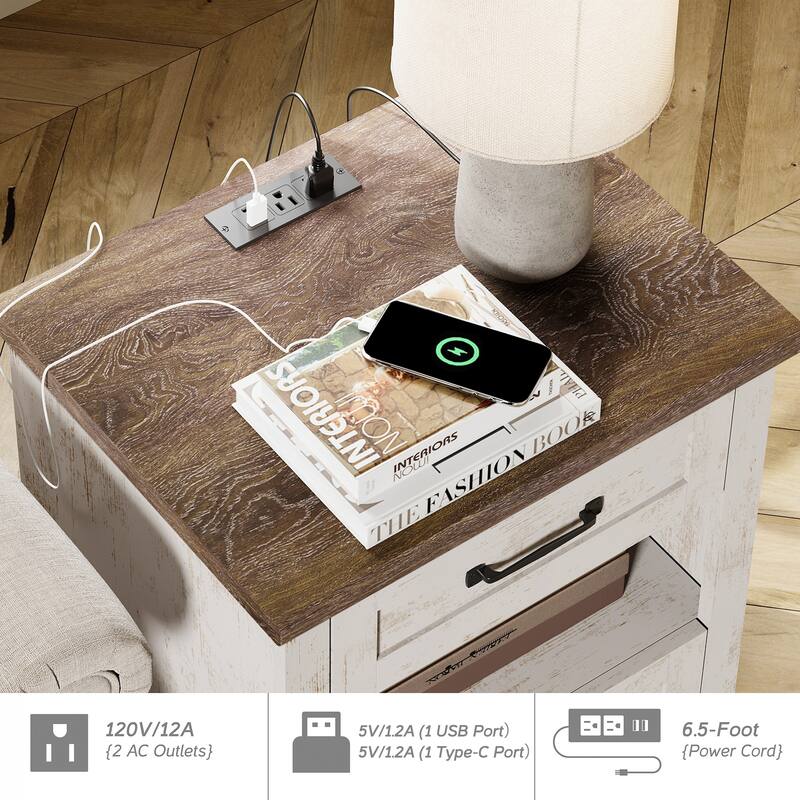 Farmhouse End Table Nightstands with Charging Station & Drawer
