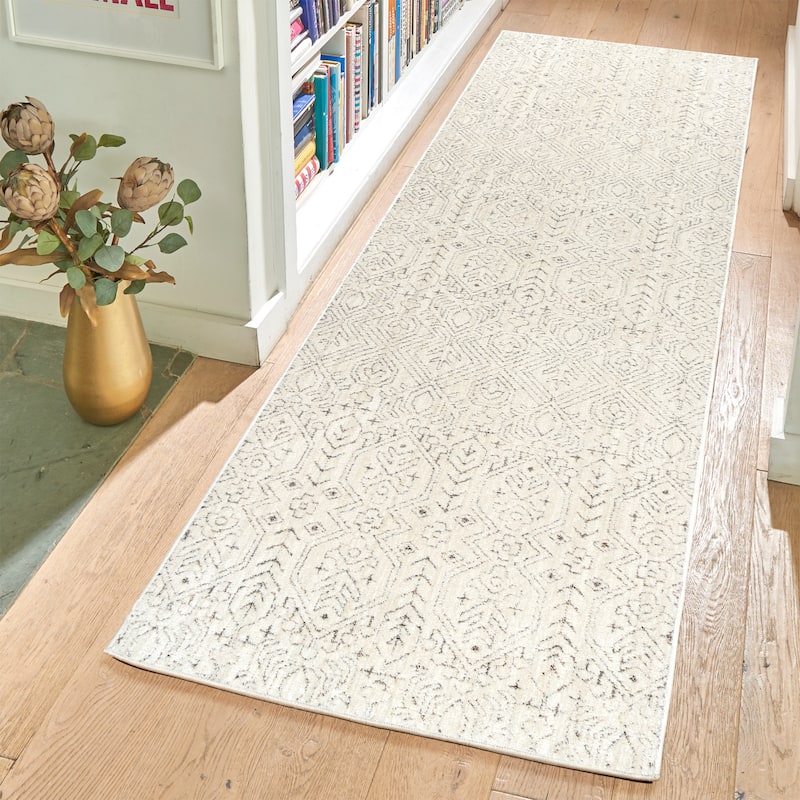Gertmenian Sydney Light Toned Cream Ivory Moroccan Bohemian Soft Polyester Indoor Area Rug Collection - 2' 7" x 8' - Senna - Runner