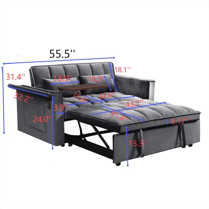 55.5" Convertible Velvet Double Sleeper Sofa Bed with Hidden Side Table