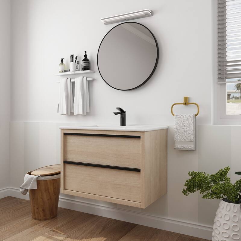 Wall-Mounted Plywood Bathroom Vanity Set in Plain Light Oak with Integrated Sink