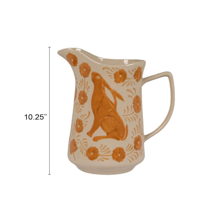 Stoneware Pitcher with Painted Rabbit and Florals