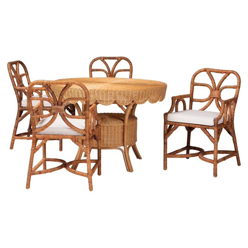 Trevor 5-Piece Rattan Dining Set - Round Wicker Table with Scallop Edge and 4 Armchairs, Handwoven Boho Coastal Style for Dining - Light Honey