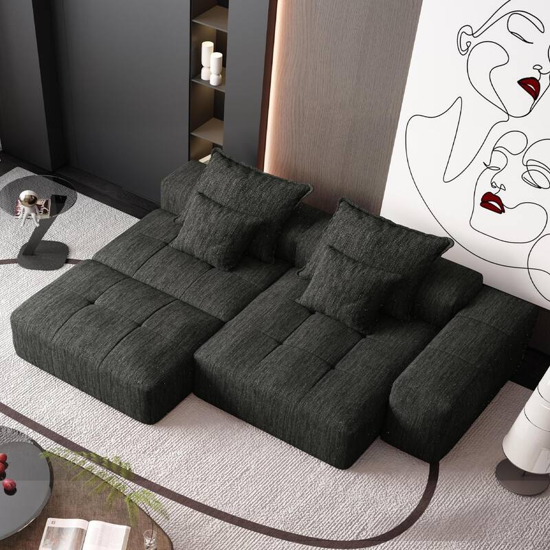 Oversized Modular Chenille Sectional Sofa with Ottoman, Chaise Lounge, 1 Armrest and 4 Pillows for Living Room
