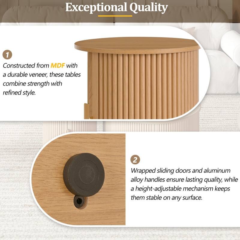 Mid-Century Modern Coffee & End Table Set with Tambour Doors - 2-Piece Wood Finish Living Room Storage