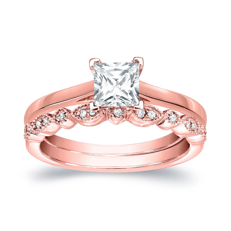 Auriya 14k Gold 3/4cttw Vintage Princess-cut Solitaire Diamond Engagement Ring Set
