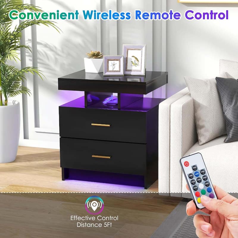 1/2PCS LED Nightstand w/ 2 Drawers Adjustable Light Remote Control