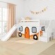 preview thumbnail 1 of 19, Twin Over Twin Low Bunk Bed with Stairs, Slide, & Camper Van Curtain White