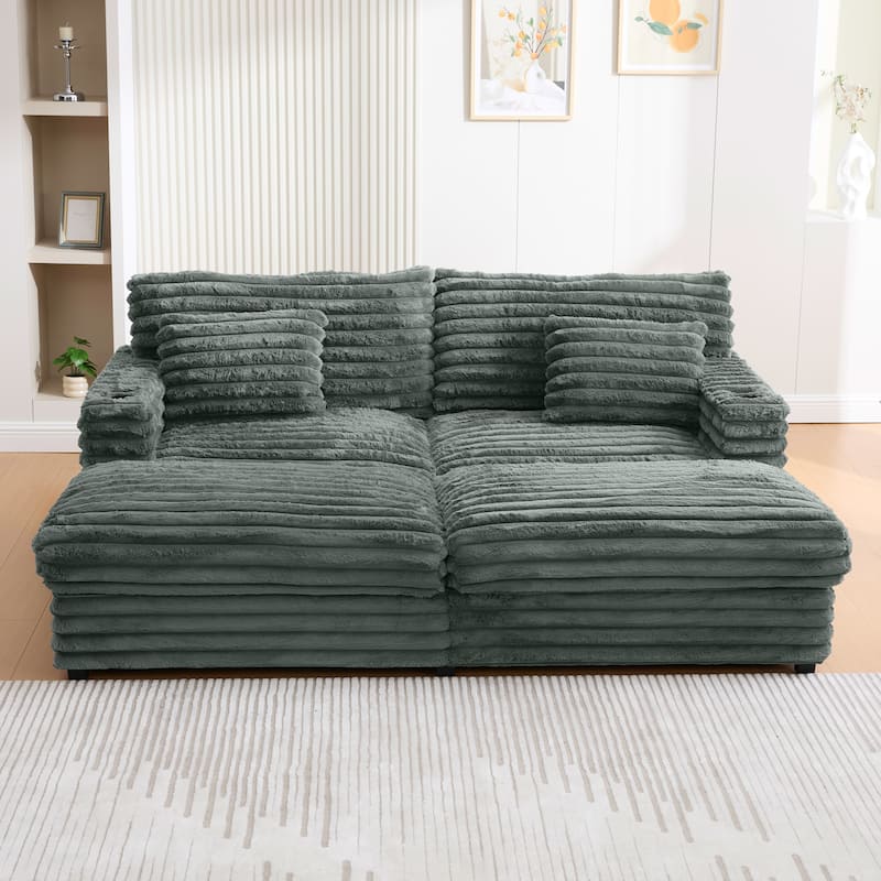 83.5" Oversized Double Chaise Sofa Bed - Plush Cloud Couch w/ USB Ports, Cup Holders & 2 Pillows, Upholstered Sleeper - Dark Gray