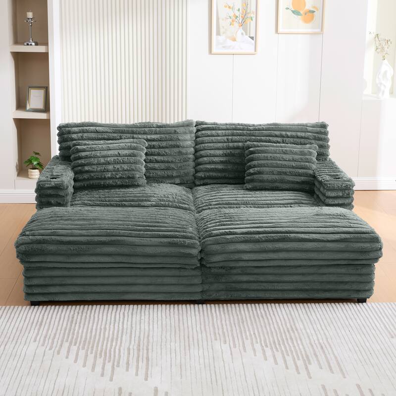 Oversized Double Chaise Lounge Sofa, Living Room 2 Seater Sofa Upholstered Sleeper Sofa Bed Daybed with USB Ports & Cup Holders