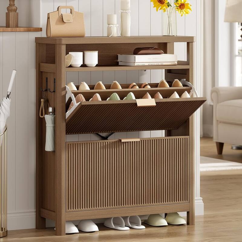 Shoe Storage Cabinet with 2 Large Flip Drawers Shoe Rack Cabinet - Wood