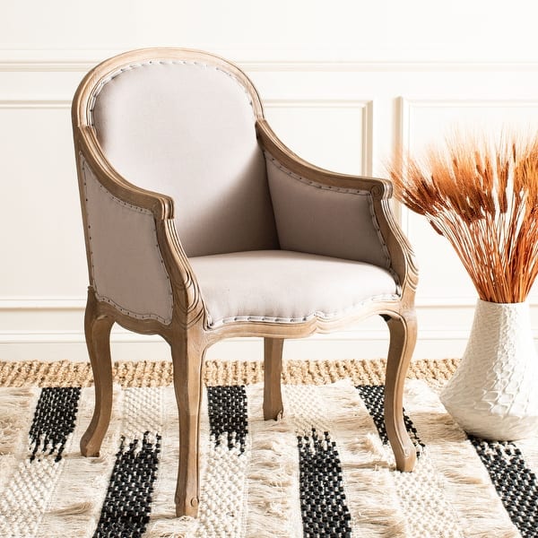 slide 1 of 12, SAFAVIEH Dining Old World Arles Beige/ Antiqued Oak Finish Nailhead Arm Chair