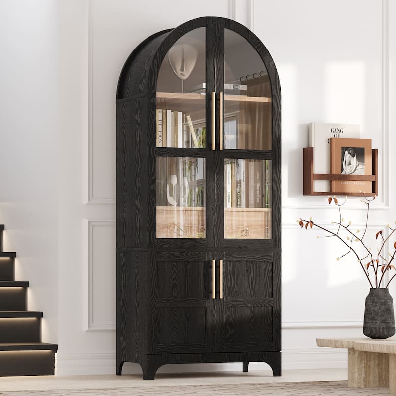 71"Tall Arched Kitchen Pantry Cabinet with Door Shelves,Cabinet with Open & Adjustable Shelves,Hidden Drawer & Glass Door