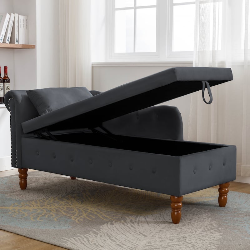 Kimberly Velvet Chaise Lounge with Storage and Pillow by GDFStudio - 58.26"L x27.9"W x 28.3"H