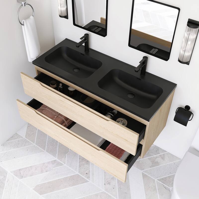 48'' Floating Bathroom Vanity in Evita Oak with Integrated Quartz Sand Top - 47.24'' x 18.90'' x 20.39''