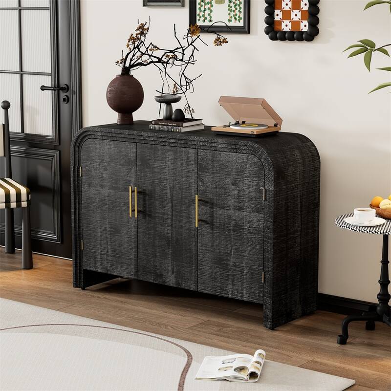 Retro Minimalist Curved Sideboard with Handles and Adjustable Dividers - Antique Black