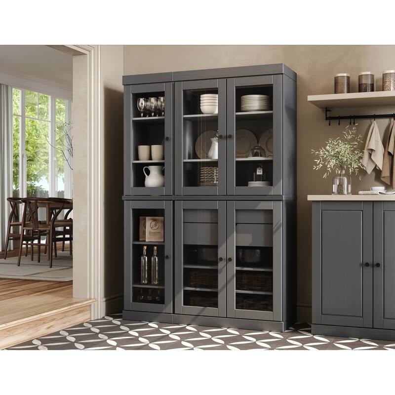 Palace Imports 100% Solid Wood 48.5" Pantry China Cabinet with Clear Glass Doors, 2-Drawers and Adjustable Shelves - Gray
