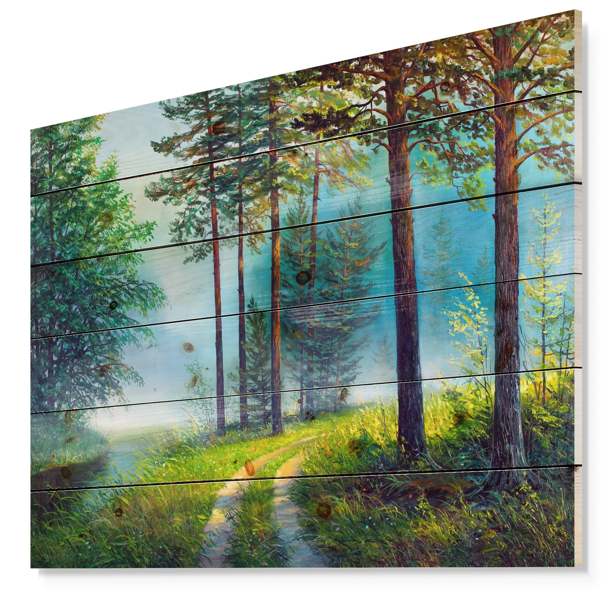 Designart 'Colorful Summer Forest in Waterfall' Landscapes Painting Print  on Natural Pine Wood - Green - Overstock - 23548882