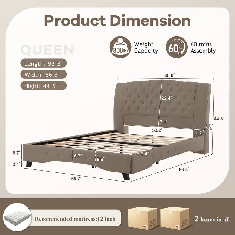 Christopher Knight Home - Modern Upholstered Platform Bed with Wood & Metal Frame with Button-Tufted Headboard