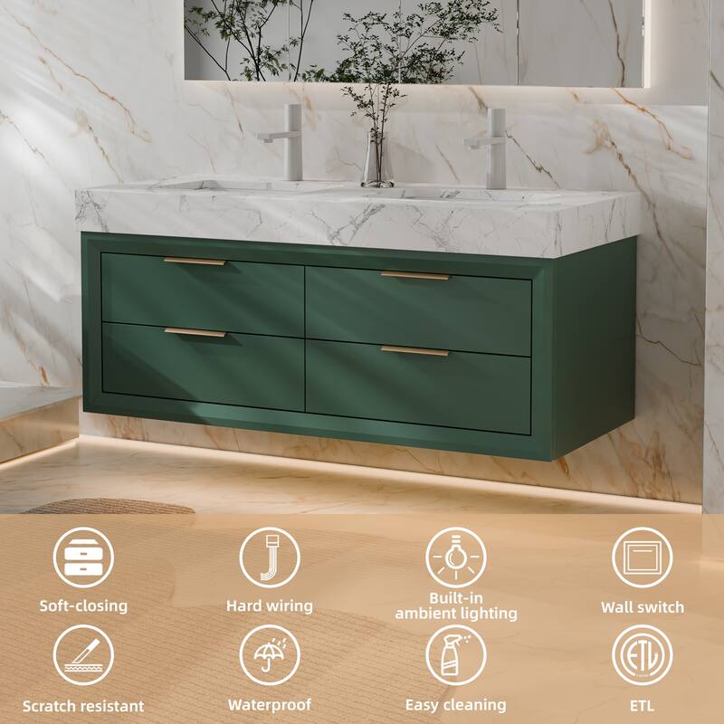 Modland 48" Wall-Mount Double Vanity with LED Light & 6 Drawers - Solid Oak, White / Green - 48 inch