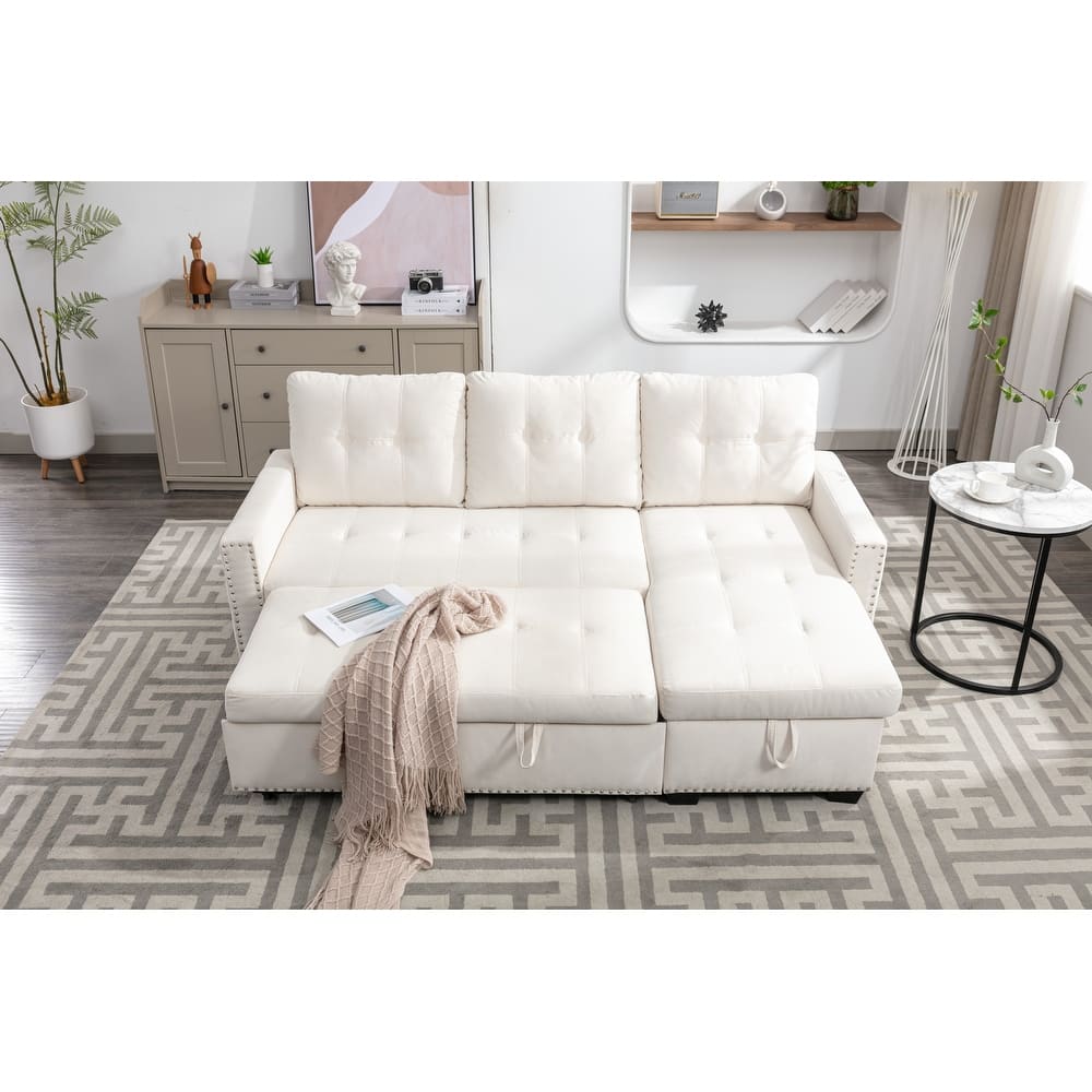 76.8" Velvet L-Shaped Sectional Sofa Bed with Storage Chaise