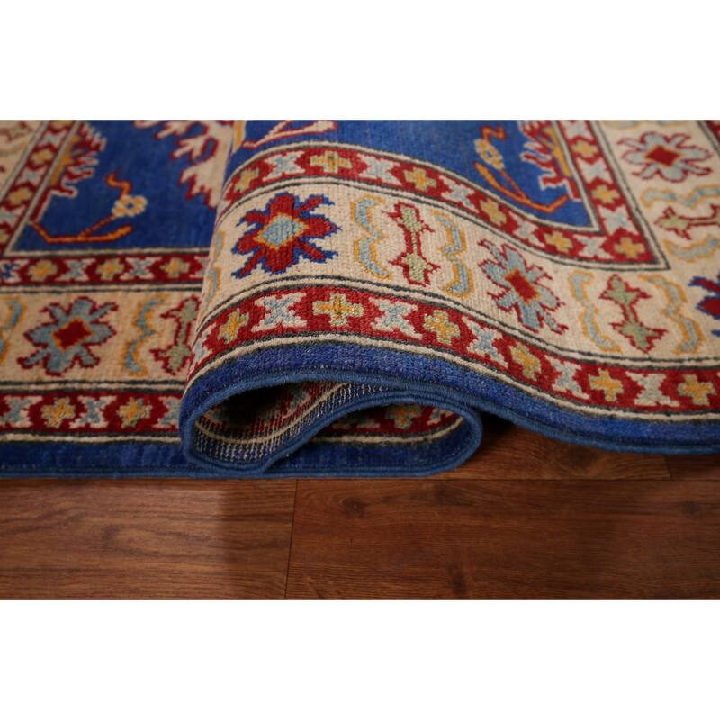 Blue Geometric Kazak Accent Rug Hand-Knotted Oriental Wool Carpet - 3'5" x 4'11"
