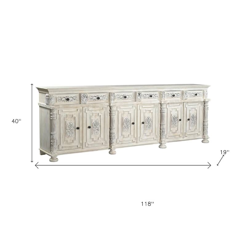 HomeRoots 118" White Distressed Solid Wood Carved Floral Six Drawer Sideboard with Six Doors