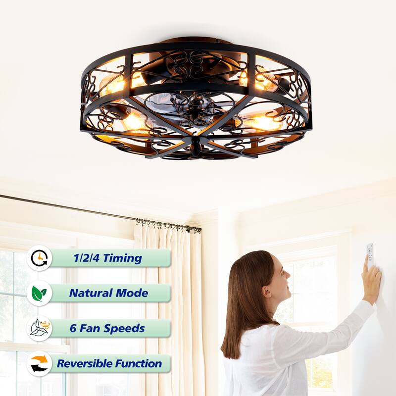 20 inch Flush Mount Ceiling Fan Light with Remote Caged Farmhouse Fandelier Black Wood Low Profile