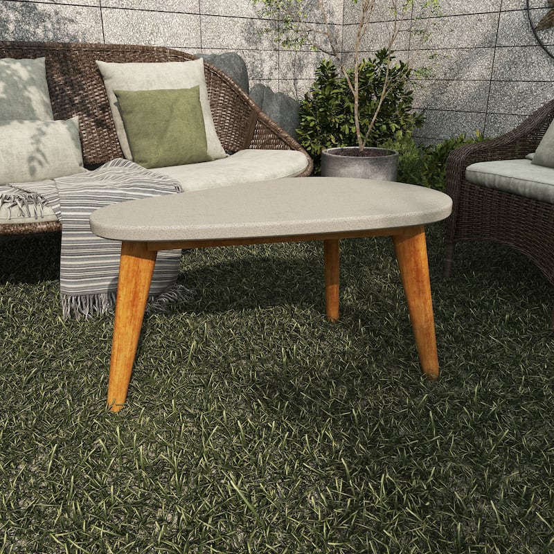 Gray Concrete Inspired Oval End Table Outdoor Accent Table with Brown Tapered Wood Legs