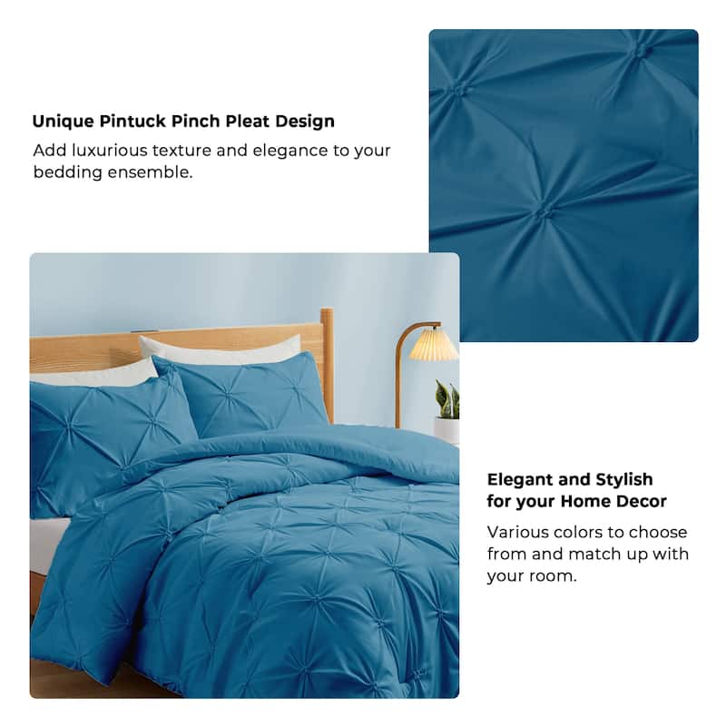 3 Piece Pintuck Pinch Pleat Comforter Set, Bedding Set for All Season, Navy