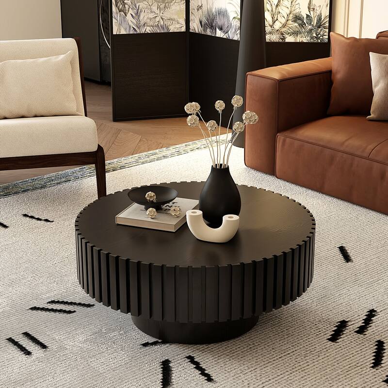 Modern Round Coffee Table Stylish Coffee Table Olive Shaped Coffee Table with Handmade Relief and Base, for Living Room