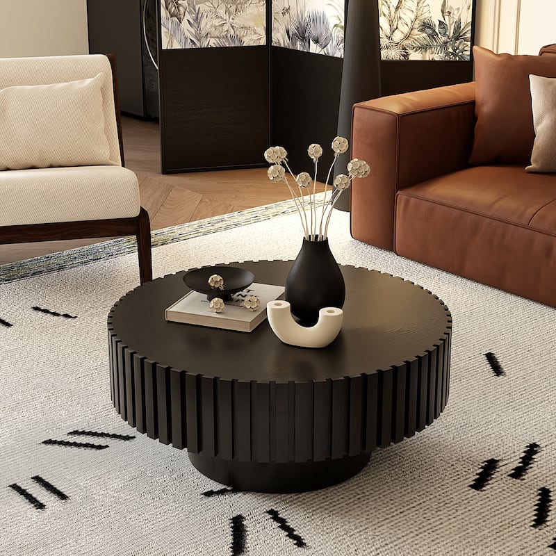 Wooden Handcrafted Relief Round Coffee Table with Sturdy Pedestal
