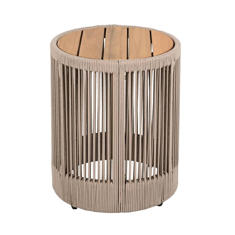 Outdoor Rattan rope & Acacia Wood Side Table - Patio Balcony Furniture for Garden, Yard, Balcony - Weather Resistant