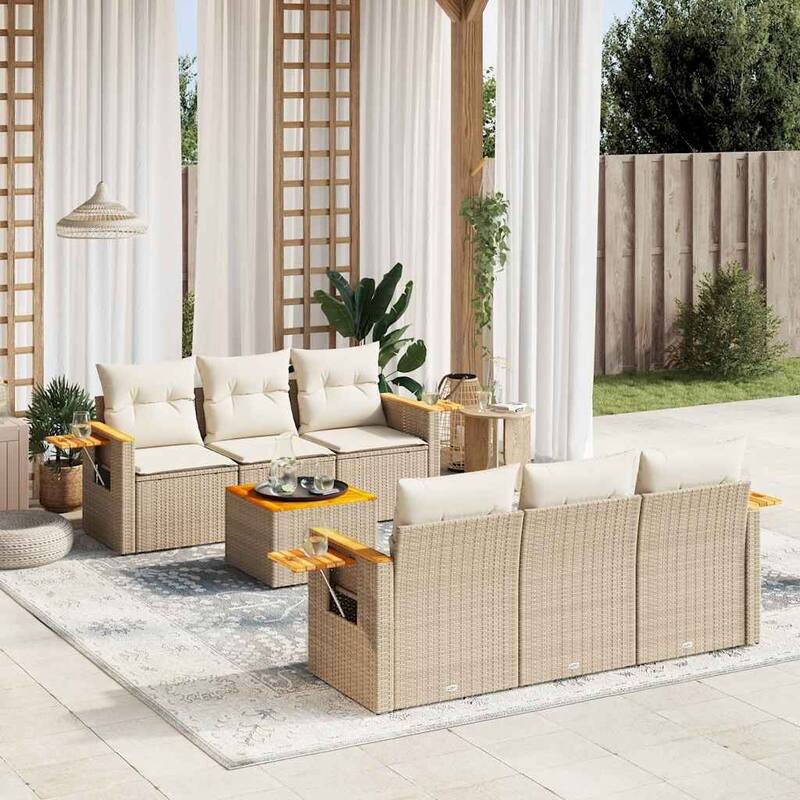 vidaXL Patio Sofa Set with Cushions Outdoor Furniture 7 Piece Poly Rattan - 21.7 x 21.7 x 14.6 in - Beige and cream