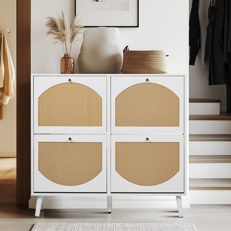 Rattan Shoe Cabinet with 2 / 4 Flip Drawers, Narrow Shoe Storage Cabinet,Organizer for Entryway, Bedroom, Living Room