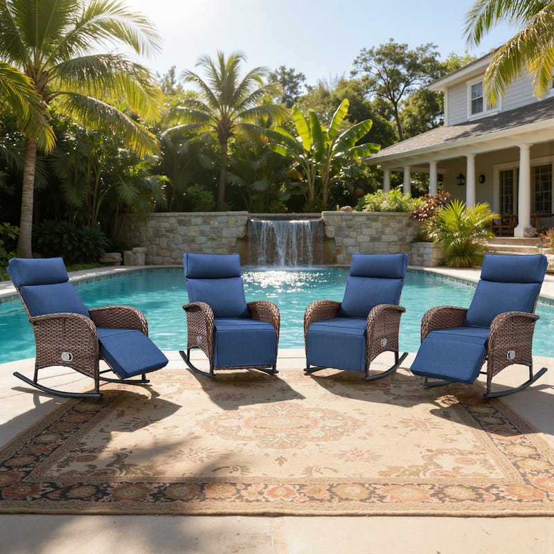 Meyreso Wicker Rocking Reclining Chaise Lounge with Adjustable Backrest & Footrest (4-Pack) - Blue