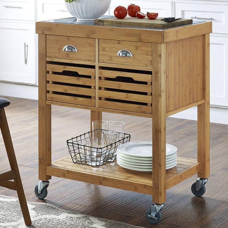 Hemenway Stainless Steel Top Bamboo Kitchen Cart