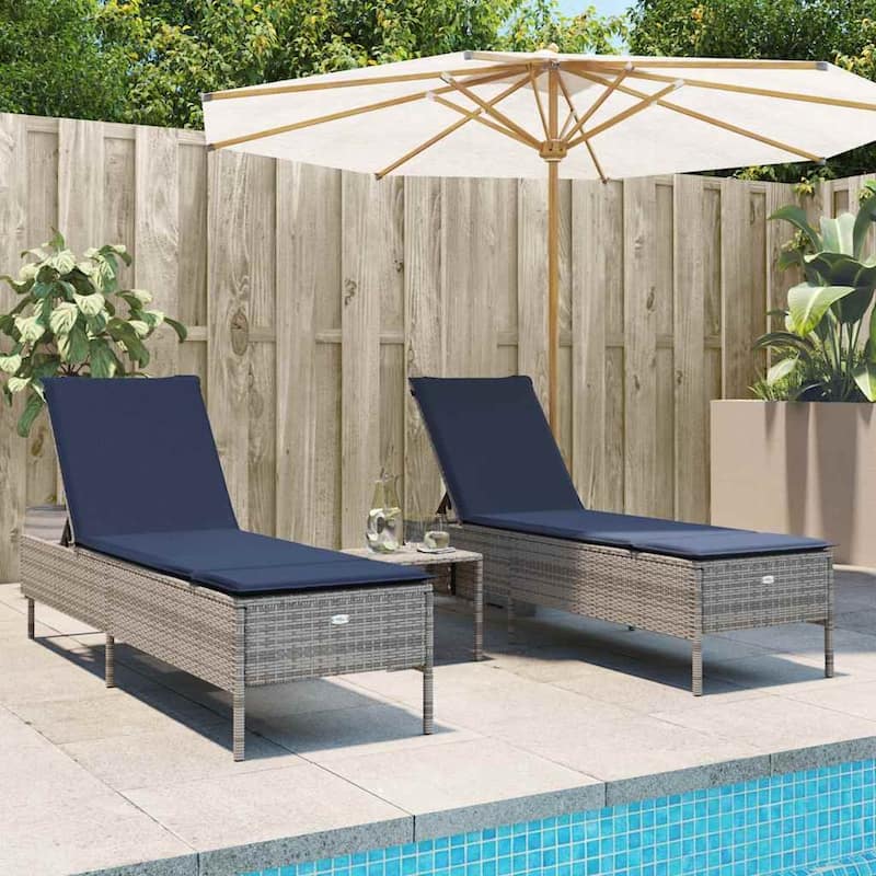 vidaXL Sun Lounger Set with Cushion Outdoor Chaise Lounge 3 Piece Poly Rattan - Grey