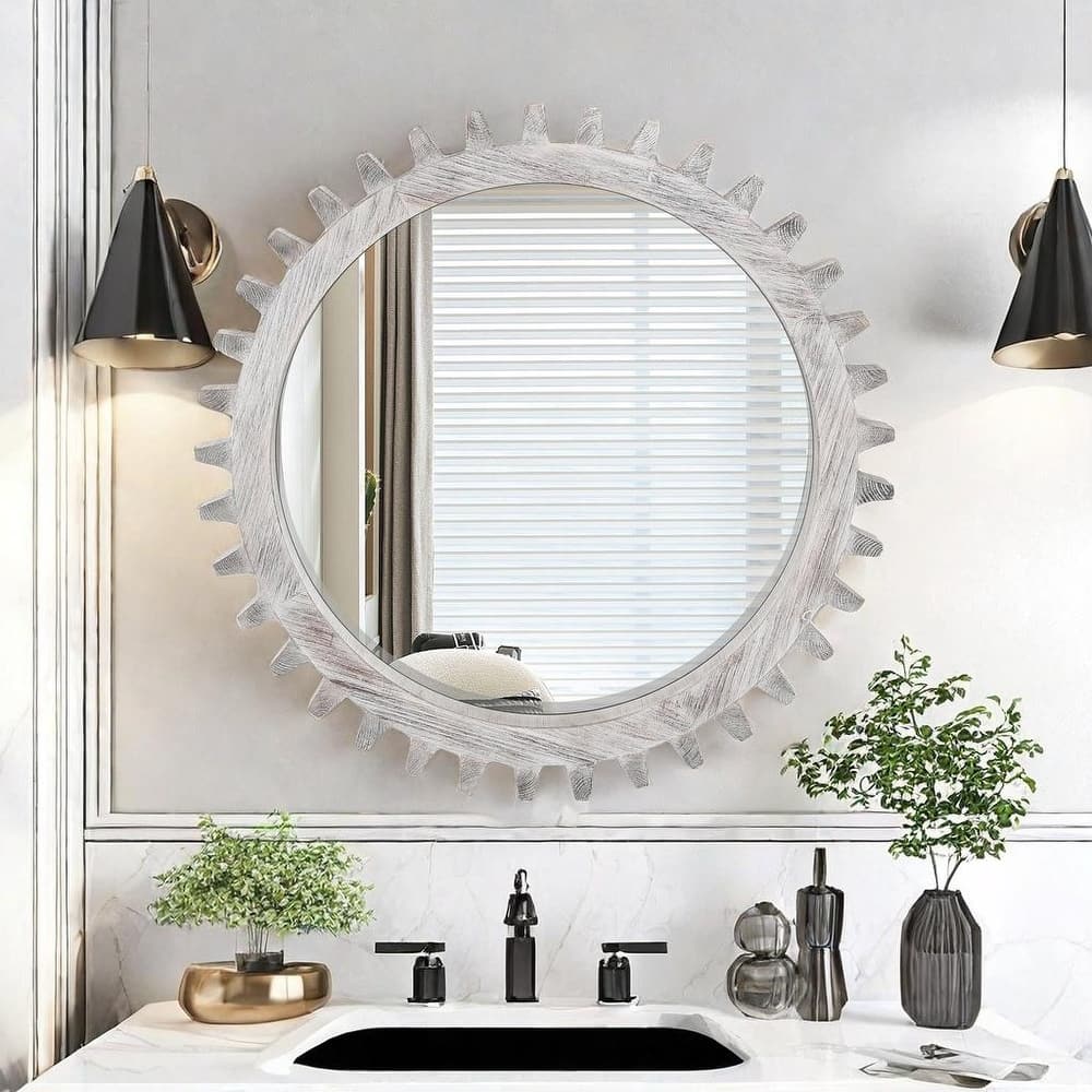 Vintage Gear-Shaped Round Wood Wall Mirror