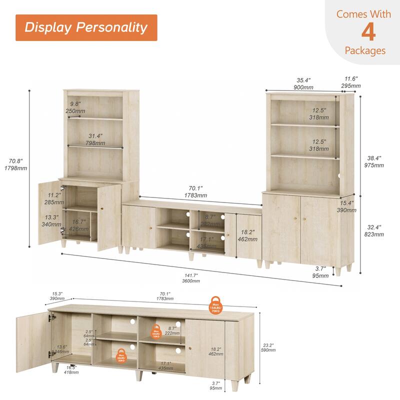 WAMPAT Modern TV Stand and Bookcase Set for 75" TVs