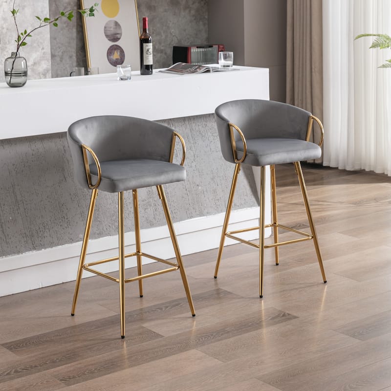 Set of 2 26" Bar Stools, Gray Velvet with Chrome Footrest & Gold Legs