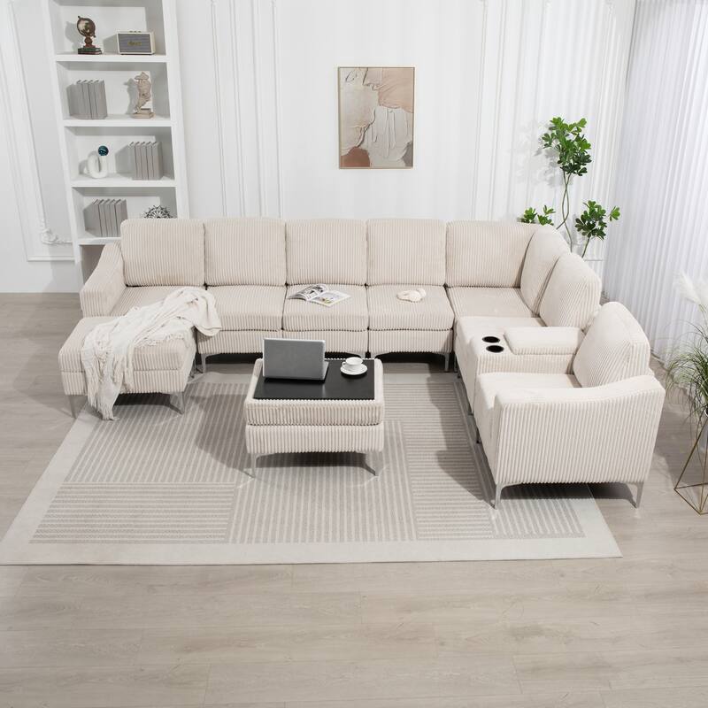 Modular Corduroy Sectional Sofa Convertible 6-Seat Couch with USB Ports, Storage Ottomans and Cup Holder for Living Room