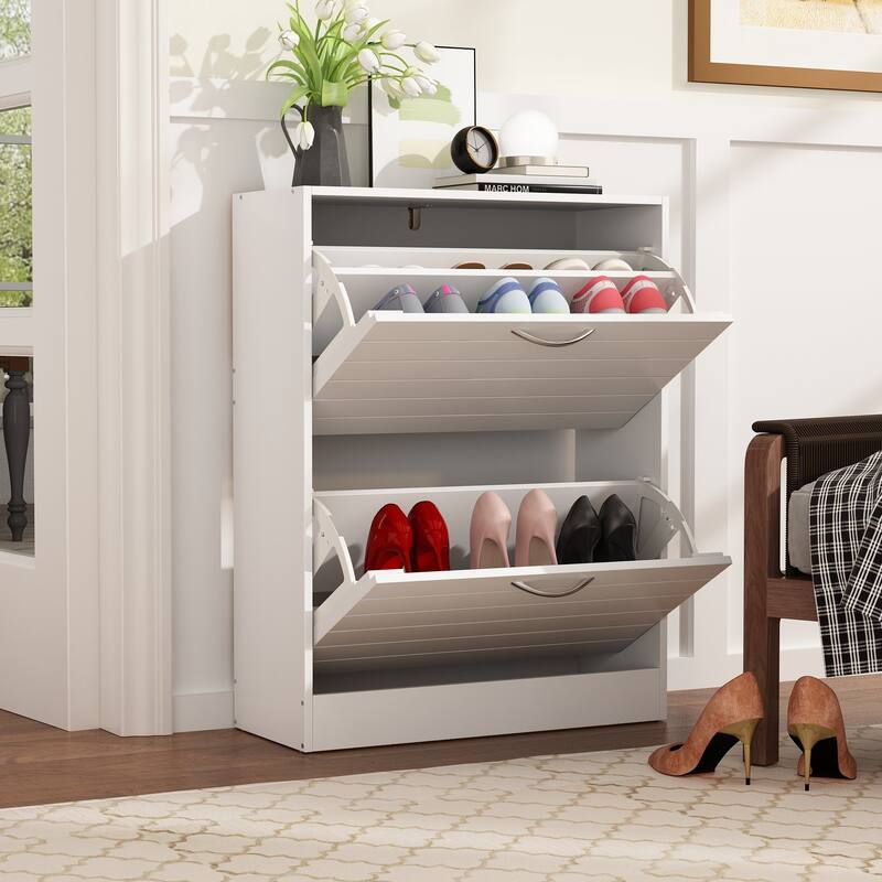 Timechee 8 Pair Shoe Storage Cabinet with 2 Drawers, Wood Louver Door